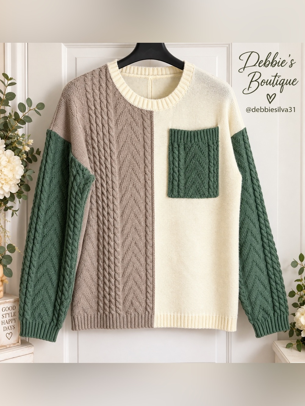 Color Block Cable Knit Sweater XL Cream Taupe Sage Green Oversized